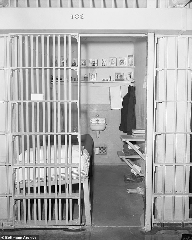 A typical prison cell at Alcatraz Prison is seen pictured in 1956