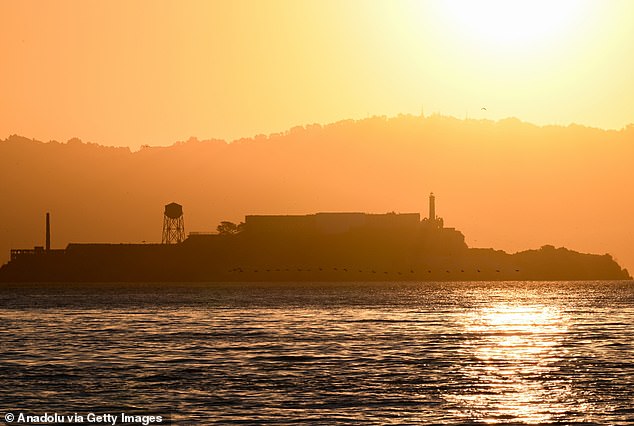 A view of Alcatraz Island during sunrise in San Francisco, California,