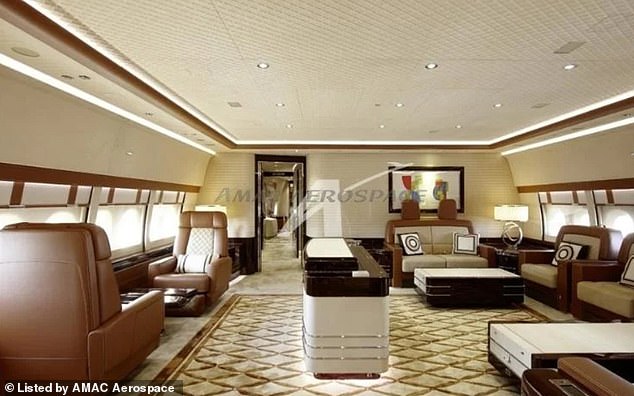 The interior of the plane is filled with plush carpeting and leather couches