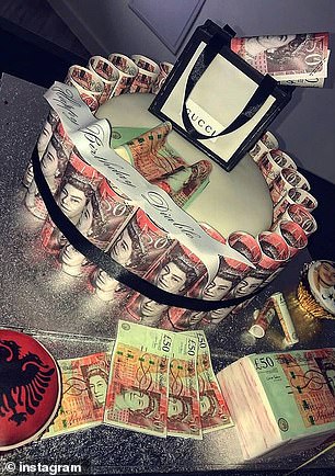 Images posted to their public Instagram page include a cake decorated with £50 notes in 2018