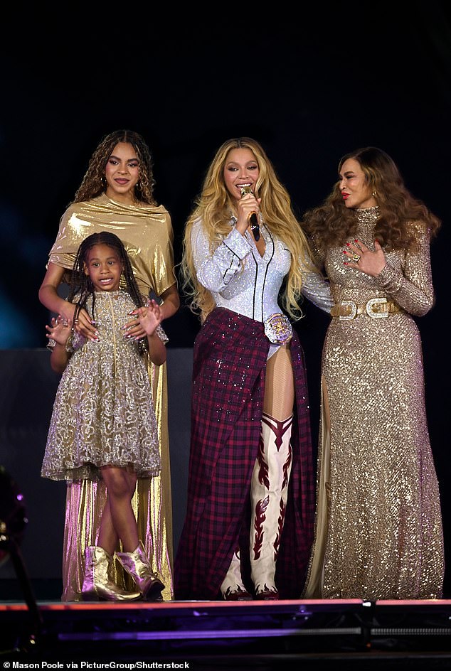 Her recent run of shows featured appearance by her daughter Blue Ivy (top left), Rumi (bottom left) and mother Tina Knowles; pictured May 1 in LA