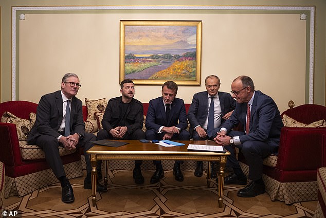 British Prime Minister Keir Starmer, President Volodymyr Zelenskyy, French President Emmanuel Macron, Polish Prime Minister Donald Tusk and German Chancellor Friedrich Merz make a call to U.S. President Donald Trump from Kyiv, Ukraine, on Saturday