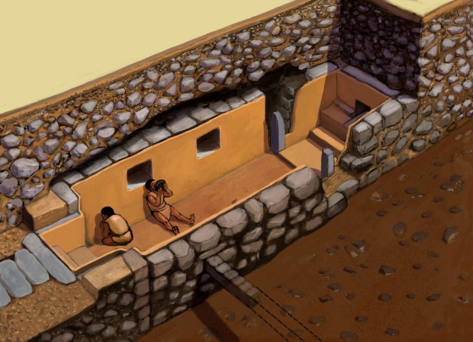 Illustration of an ancient tomb's cross-section, showing two people inside.