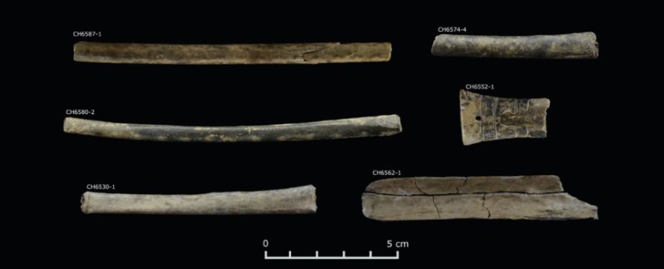 Six ancient bone artifacts from Chavín de Huantar, Peru.