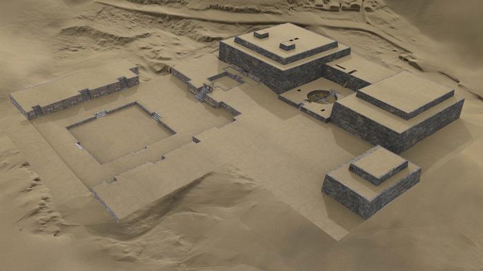 Illustration of the Chavín de Huantar archaeological site in Peru.