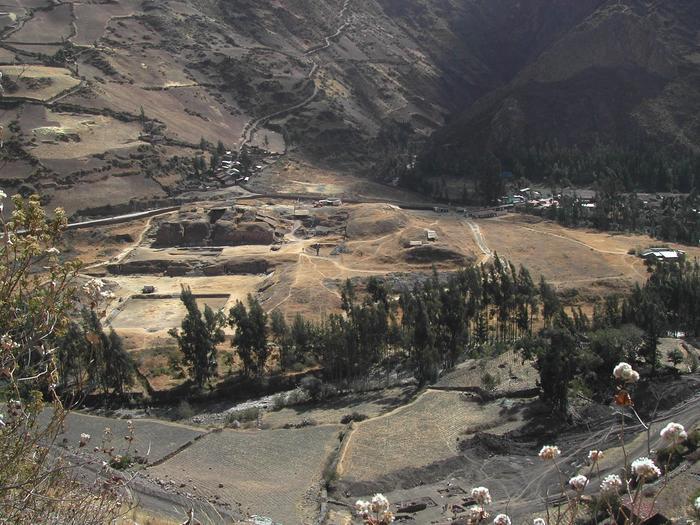 Aerial view of the Chavín de Huantar archaeological site in Peru.