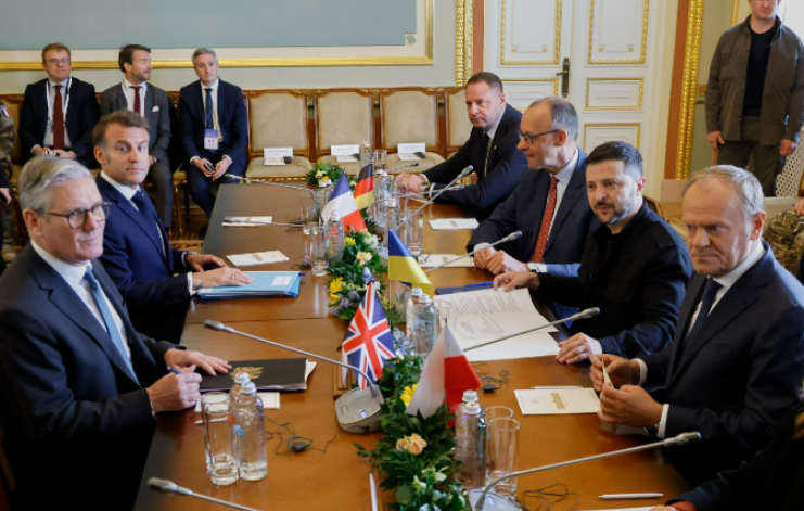 World leaders seated around a table at a summit.