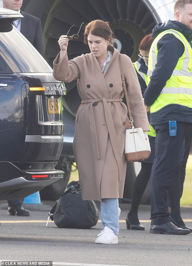 In March 2024, the tv host rubbed shoulders with senior royals when he joined them for a weekend away in Bahrain to watch the Grand Prix. In attendance was Princess Eugenie (pictured: disembarking a private jet after the race)