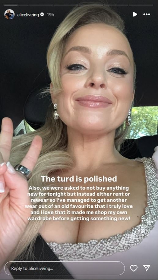 Explaining the policy from BAFTA, blogger Alice Liveing shared on her Instagram Story: 'We were asked not to buy anything new for tonight but instead either rent or rewear'