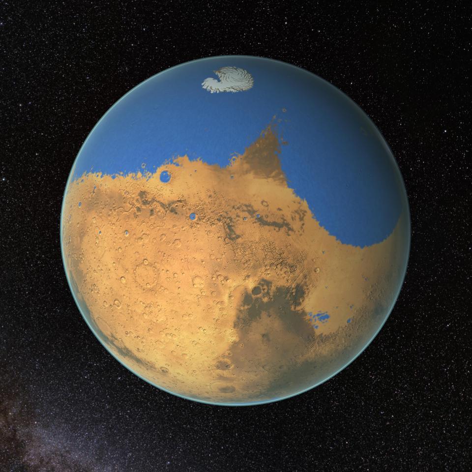Illustration of Mars with a primitive ocean.