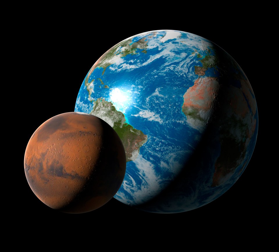Illustration comparing the sizes of Earth and Mars.