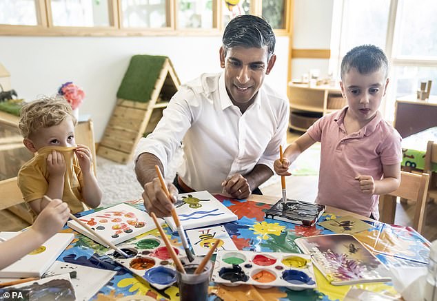 Then-Prime Minister Rishi Sunak visits Busy Bees nursery in Harrogate on August 21, 2023
