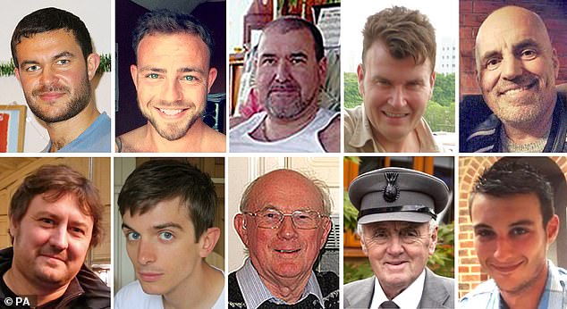 Eleven men died in the crash, (top row left to right) Matthew Grimstone, Matt Jones, Mark Reeves, Tony Brightwell and Mark Trussler. (Bottom row left to right) Dylan Archer, Richard Smith, Graham Mallinson, Maurice Abrahams and Daniele Polito