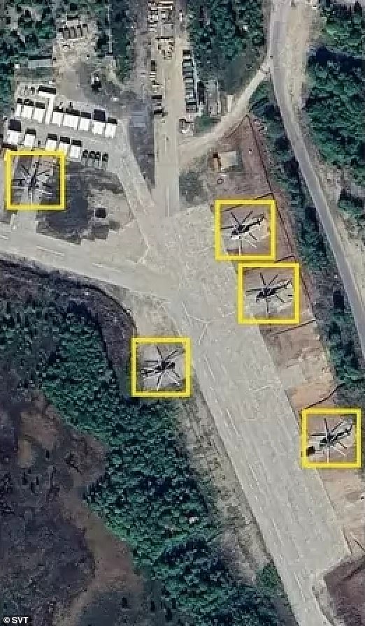 Pictures show what appear to be helicopters at an airfield inside Russia, close to the border with Finland