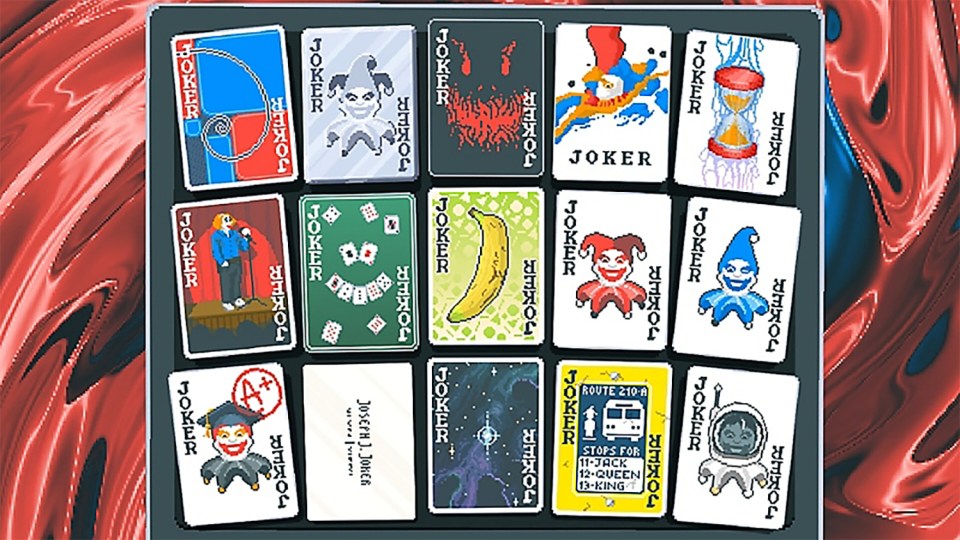 Collage of twelve unique joker playing cards.