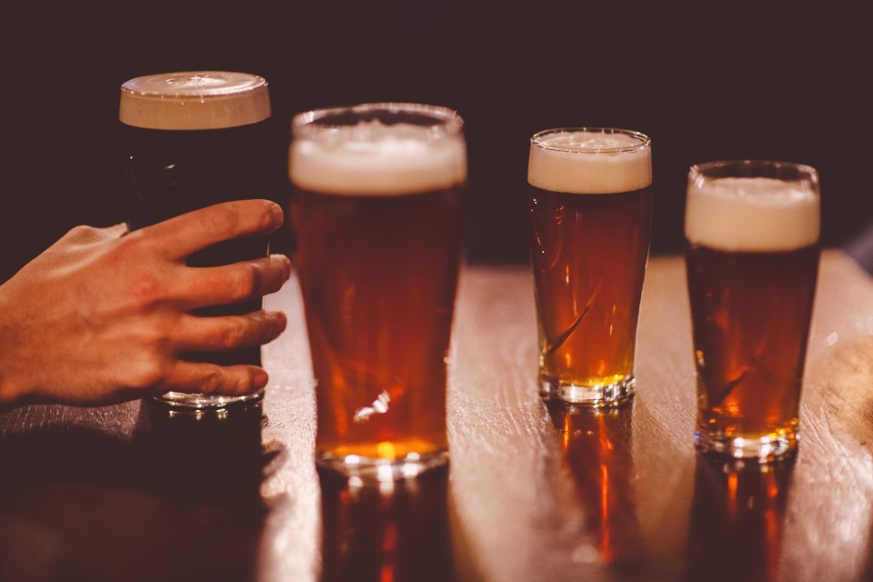 Close-up of friends toasting with beer.