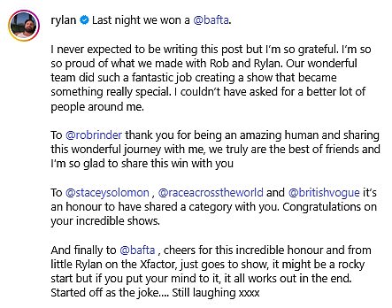 In the midst of the backlash, Rylan himself also took to Instagram to reflect on his BAFTA win, alongside a gallery of snaps from the evening