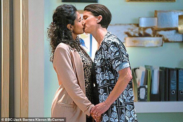 Heather was diagnosed with breast cancer in October 2023, and has continued working on EastEnders throughout parts of her treatment (pictured right, on the show with co-star Balvinder Sopal)