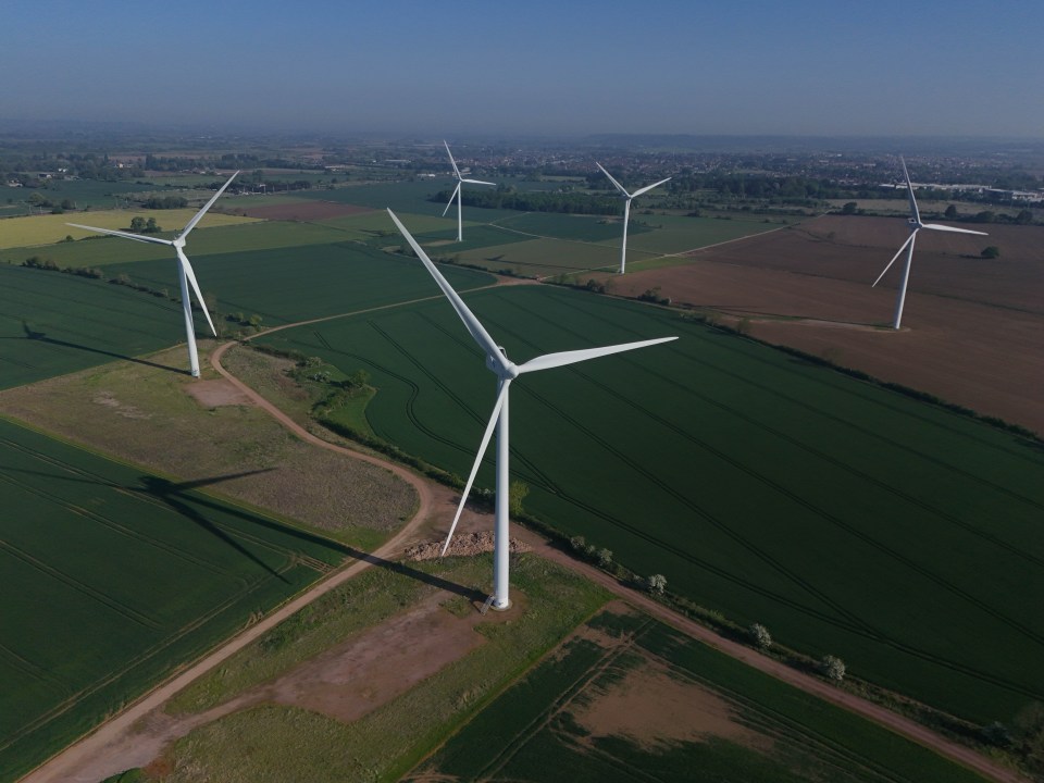 Aerial view of onshore wind farm in Biggleswade, UK.