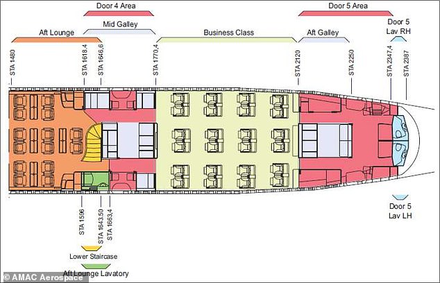 The plane has been used by Qatar Amiri Flight, a division of Qatar Airways that transports royals and other government officials. There are 4 rows of business class seating near the back of the plane along with another kitchen and 2 more toilets
