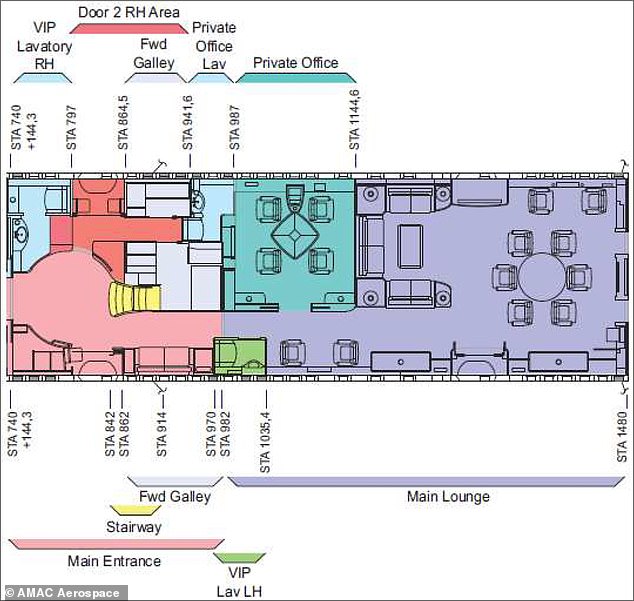 The plane has a main lounge can hold up to 16 people and has a private office (pictured in green) which seats 4 people and has its own private toilet. There are also multiple kitchens (galleys) down the hall from the main lounge