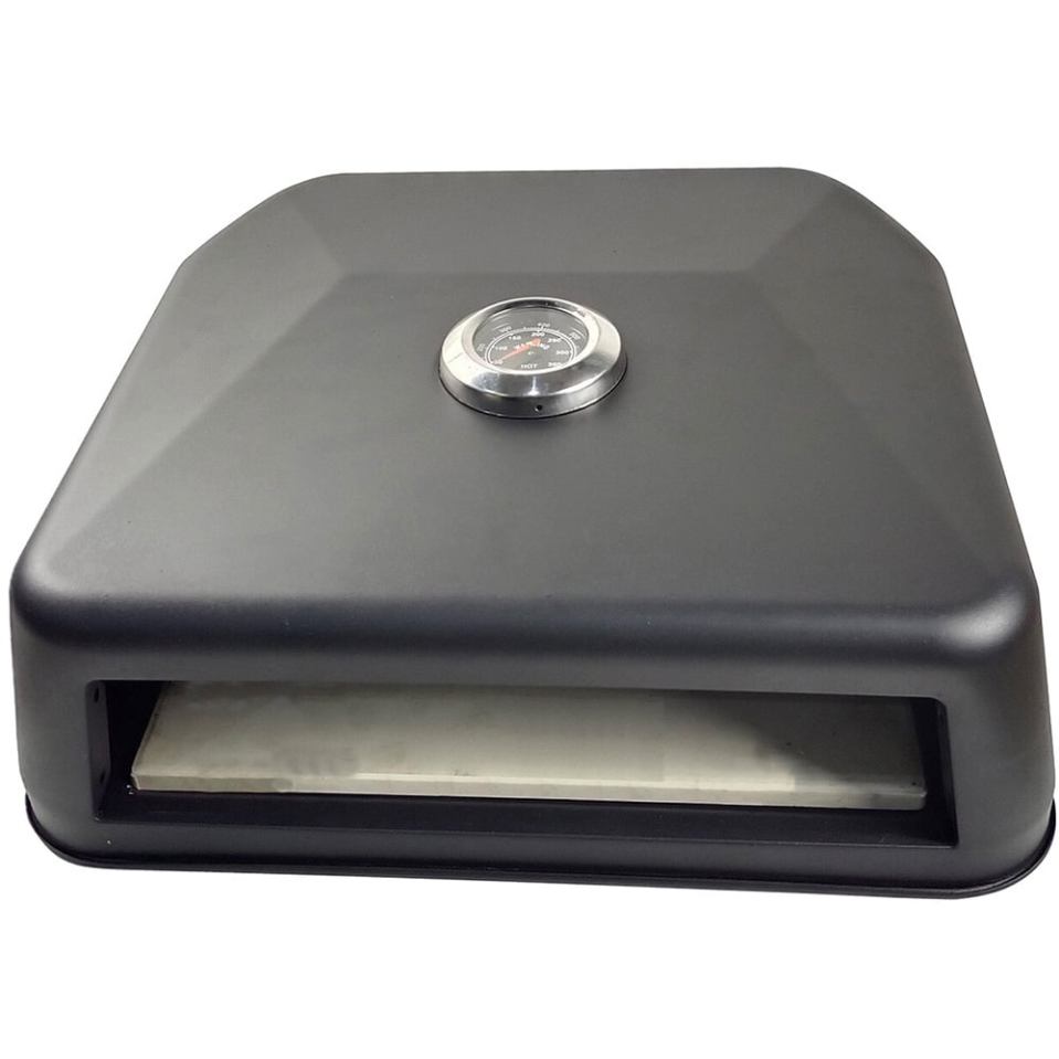 Black outdoor pizza oven with thermometer.