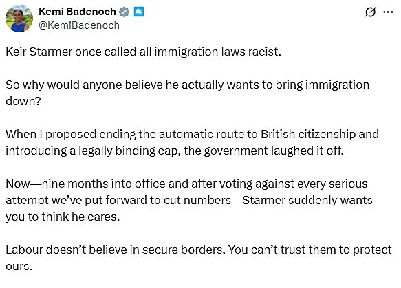 Kemi Badenoch insisted that Labour 'doesn't believe in secure borders'