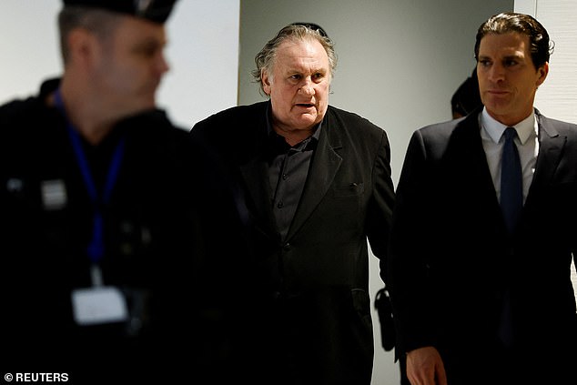 French actor Gerard Depardieu arrives on the day of his trial for two sexual assaults allegedly committed on the set of the film "Les Volets Verts", at the courthouse in Paris, France, March 24