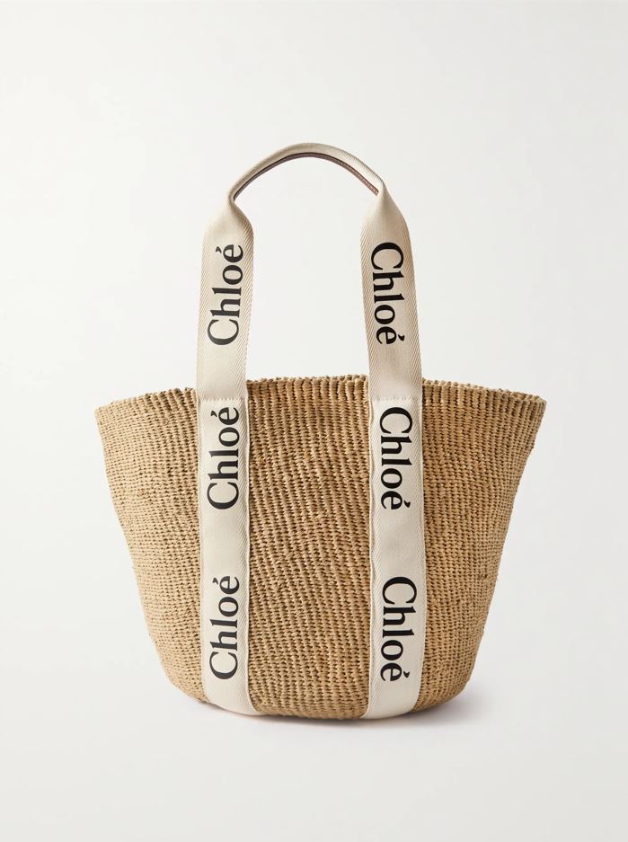 Chloé straw tote bag with logo straps.
