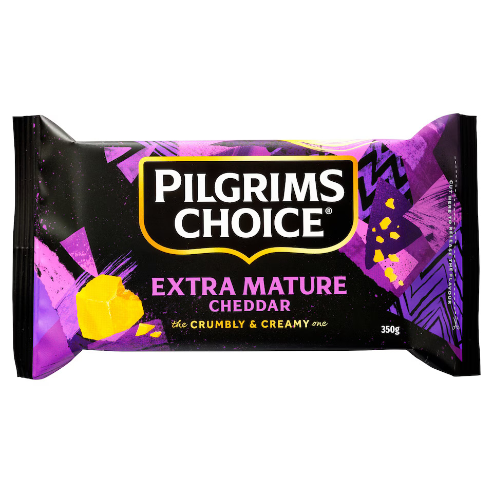 Pilgrims Choice Extra Mature Cheddar cheese package.