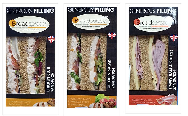 Pre-packaged sandwiches were blamed for listeriosis outbreaks last year, UK Health Security Agency (UKHSA) bosses said. Pictured, a selection of sandwiches sold by Bread Spread which were recalled last year over fears they were contaminated with the bug