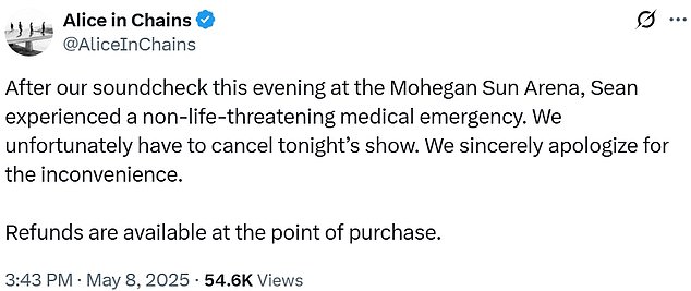 The incident at Mohegan Sun Arena involved drummer Sean Kinney, and while no further details about the incident or his current condition was revealed, it's serious enough to warrant the tour's cancellation.