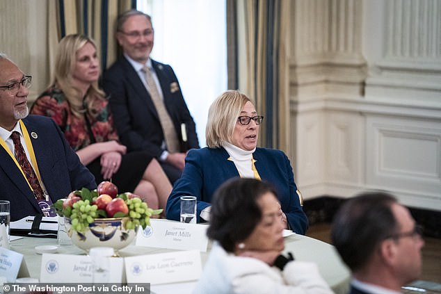 In February Maine Governor Janet Mills disagreed with President Donald Trump as he spoke about over transgender women in sports during a Governors Working Session in the State Dining Room at the White House in Washington, DC
