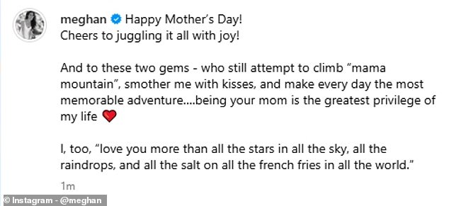 Meghan Markle added a caption that begins: 'Happy Mother's Day! Cheers to juggling it all with joy!'