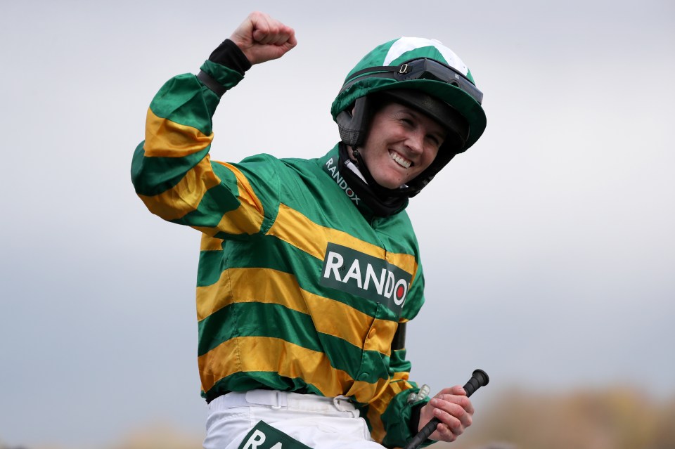 Rachael Blackmore celebrating a horse race win.