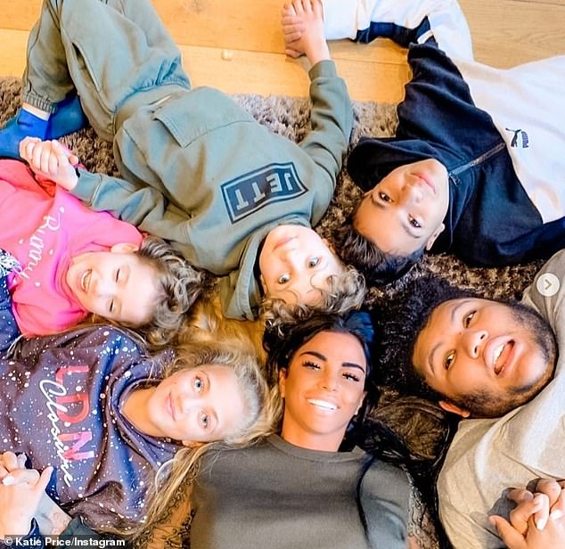 Price is mother to Harvey, 22, with her ex Dwight Yorke, Junior, 19, and Princess, 17, with ex-husband Peter Andre and Jett, 10, and Bunny, nine, with her other ex-husband Kieran Hayler (pictured with her kids)