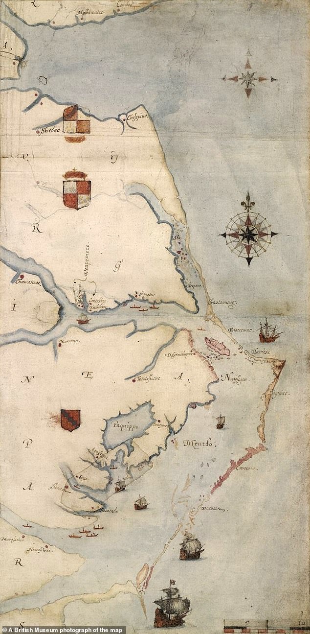 John White's 1585 map of the East Coast showed the Roanoak and Croatoan islands, and a potential defensive settlement site inland