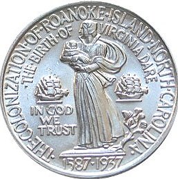 A US half-dollar coin from 1937 showing Virginia Dare and her mom, Eleanor