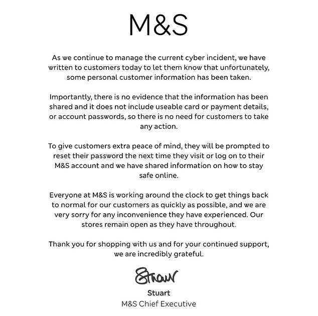 Pictured is the full letter from M&S' chief executive Stuart Machin outlining the data breach