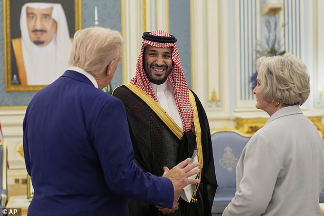 President Donald Trump, left, Saudi Crown Prince Mohammed bin Salman, center, and White House Chief of Staff Susie Wiles speak at the Royal Palace in Riyadh