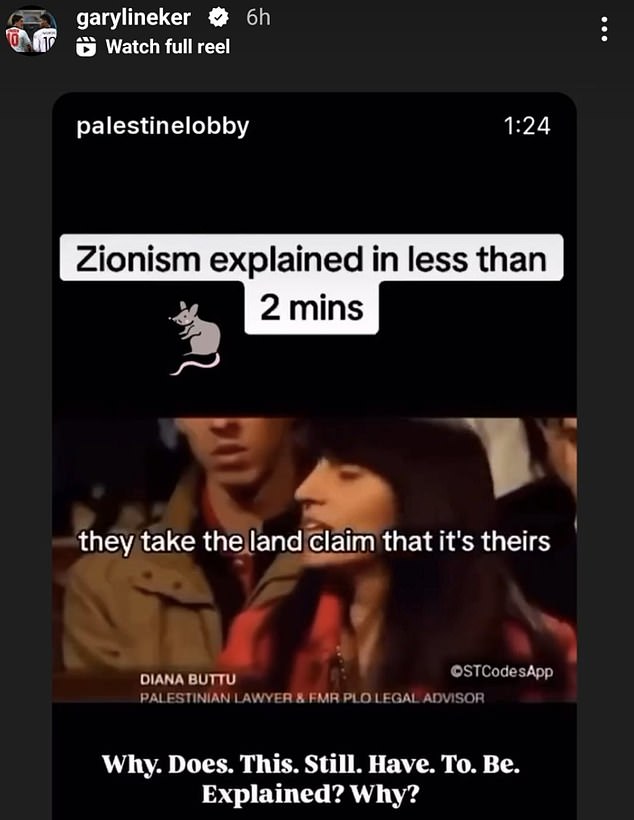 The Match Of The Day presenter and former England football captain posted a reel originating with the pro-Palestine group Palestine Lobby