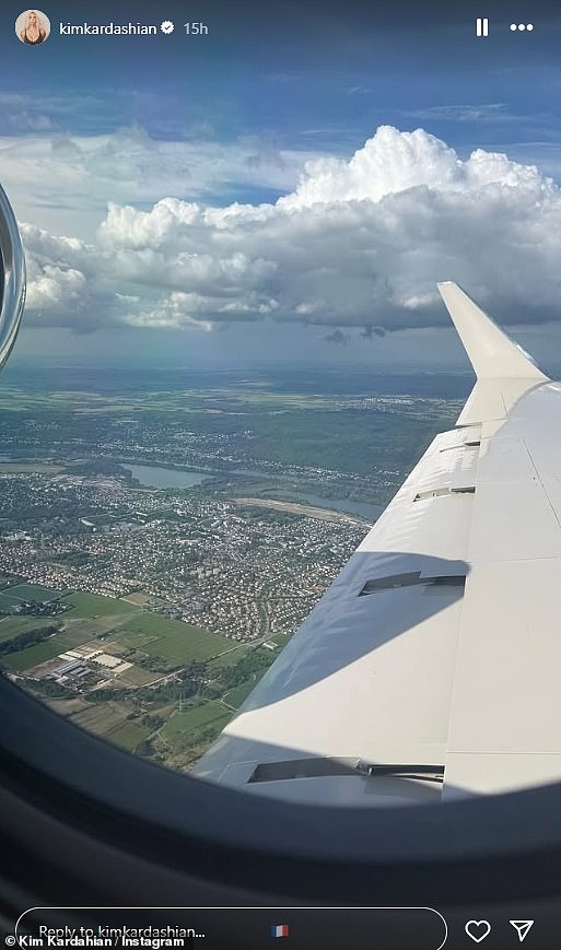 Kardashian jetted into the French capital on Monday, sharing a picture of her view from the plane that she captioned simply with a French flag