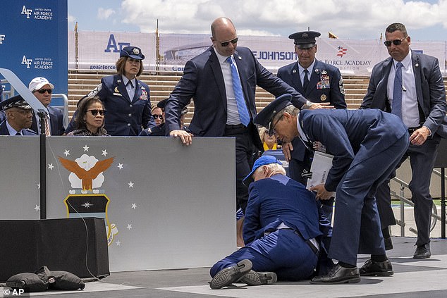Biden tripped and fell down while on stage delivering a commencement address at the Air Force Academy in Colorado Springs on June 1, 2023