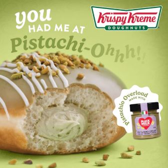 Krispy Kreme pistachio doughnut with pistachio cream filling.