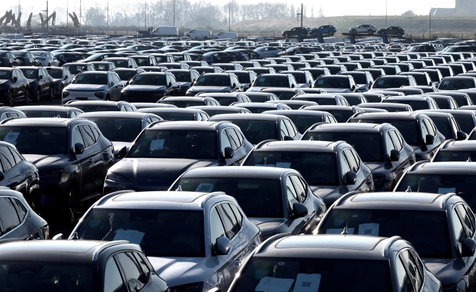 Rows of new cars parked at a port.