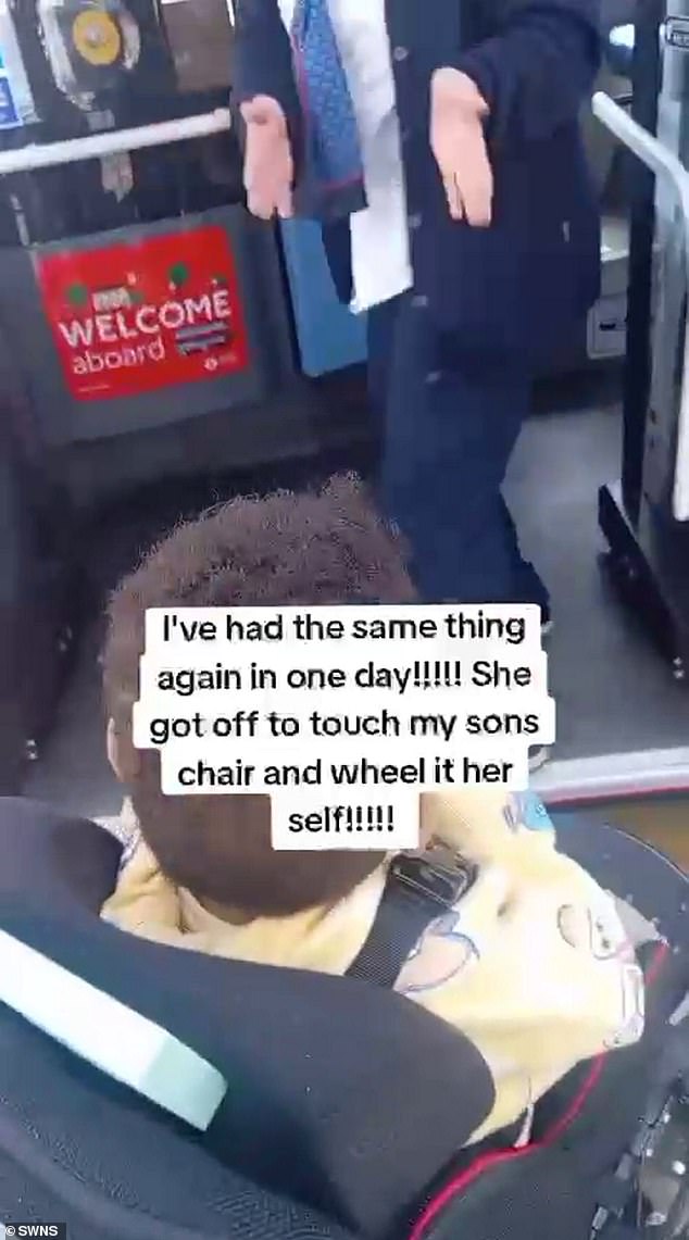 A second video, taken on their way home around 12:15, shows a female driver who came off the bus to attempt to lift the chair on board
