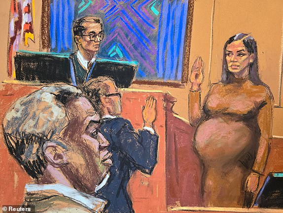Sean "Diddy" Combs watches as his former girlfriend Casandra "Cassie" Ventura is sworn in as a prosecution witness before U.S. District Judge Arun Subramanian at Combs' sex trafficking trial in New York City, New York, U.S., May 13, 2025 in this courtroom sketch. REUTERS/Jane