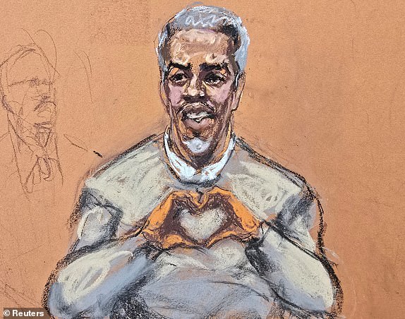 Sean "Diddy" Combs at Combs makes a hand gesture to family members arriving at his sex trafficking trial in New York City, New York, U.S., May 13, 2025 in this courtroom sketch. REUTERS/Jane Rosenberg