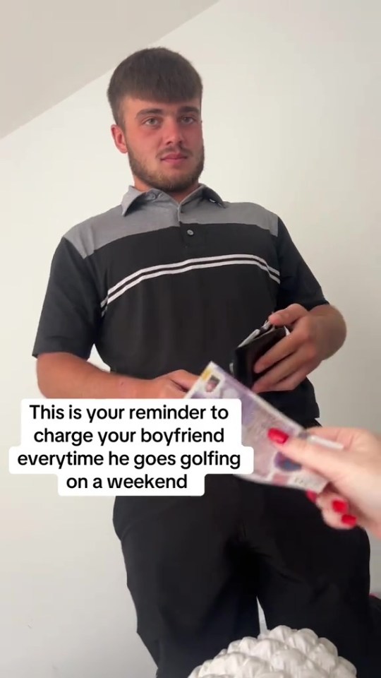 Man handing money to a woman; reminder to charge boyfriend for weekend golfing.