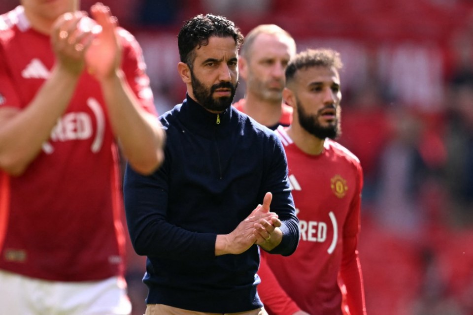Manchester United's Portuguese head coach Ruben Amorim and players applaud fans after the English Premier League football match between Manchester United and West Ham United at Old Trafford in Manchester, north west England, on May 11, 2025. West Ham won the game 2-0. (Photo by Oli SCARFF / AFP) / RESTRICTED TO EDITORIAL USE. No use with unauthorized audio, video, data, fixture lists, club/league logos or 'live' services. Online in-match use limited to 120 images. An additional 40 images may be used in extra time. No video emulation. Social media in-match use limited to 120 images. An additional 40 images may be used in extra time. No use in betting publications, games or single club/league/player publications. / (Photo by OLI SCARFF/AFP via Getty Images)
